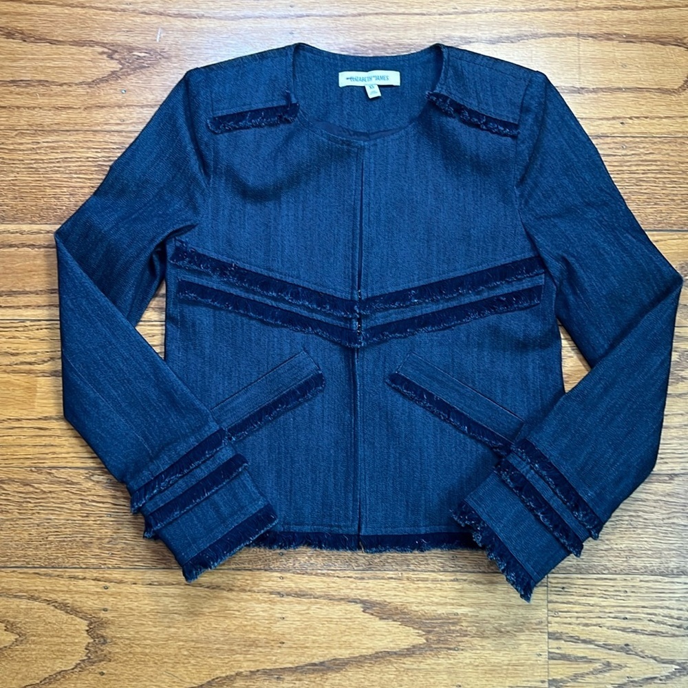 Elizabeth and James Cotton Navy Blue Business Fringe Trim Casual Blazer QQ